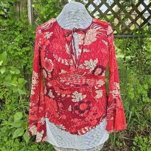 90s Red Floral Paisley Lace Bell Sleeved Fairycore Whimisgoth Style Top Small
